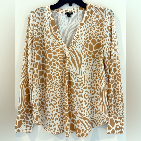 Ann Taylor Brown Cream Animal Print Long Sleeve Women’s Blouse Top S - Picture 6 of 8